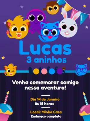 Convite de Aniversário Bolofofos com Personagens para Editar