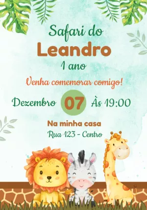 Convite de Aniversário Safari Baby com Animais para Editar Online
