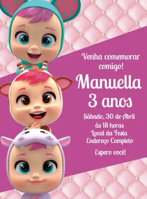 Convite de Aniversário Cry Babies com Personagens para Editar