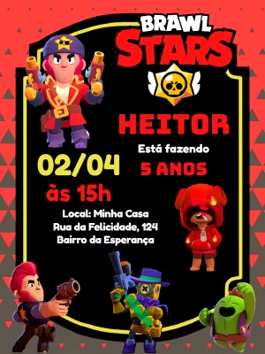 Convite de Aniversário Brawl Stars com Personagens para Editar