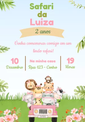 Convite Aniversário Safari Rosa com Animais para Editar Online