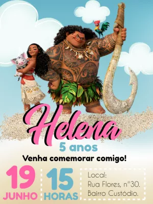 Convite de Aniversário Moana com Personagens para Editar Online