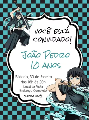 Convite de Aniversário Demon Slayer Tokito Muichiro para Editar