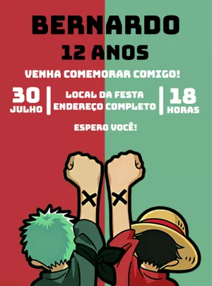 Convite de Aniversário One Piece com Personagens para Editar