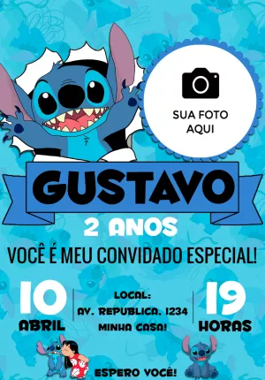 Convite de Aniversário Stitch com Foto para Editar Online