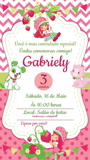 Convite Aniversário Moranguinho com Personagens para Editar Online