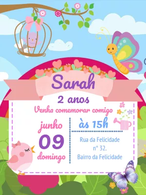 Convite Aniversário Jardim Encantado com Passarinhos para Editar