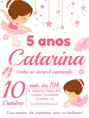 Convite Aniversário Bailarina Delicada para Editar Online