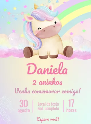 Convite Aniversário Unicórnio Aquarela para Editar Online