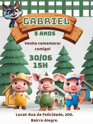 Convite Aniversário Três Porquinhos para Editar Online