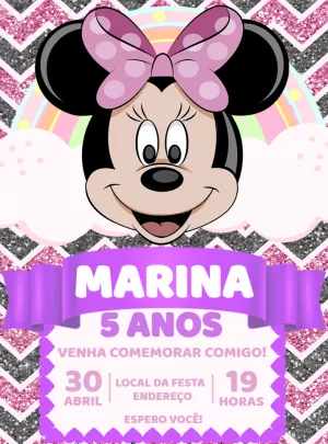 Convite Aniversário Minnie Mouse Rosa e Lilás para Editar