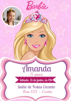 Convite Aniversário Barbie com Foto para Editar Online