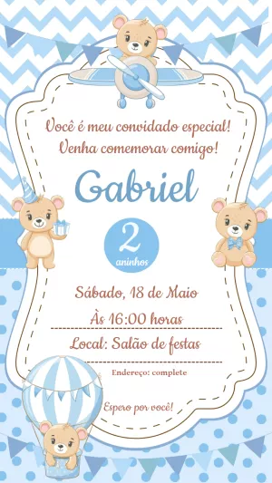 Convite Aniversário Ursinho Aviador para Editar Online
