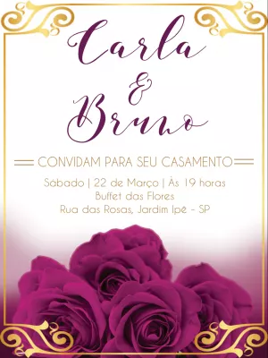 Convite de Casamento Rosas Roxo e Dourado para Editar Online