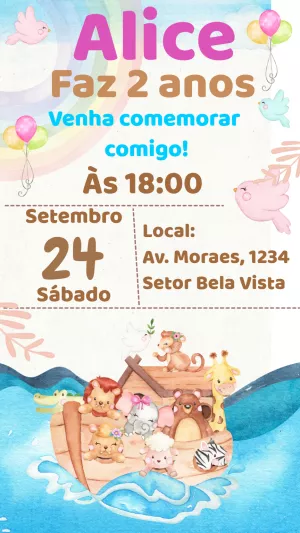 Convite Aniversário Arca de Noé com Animais Fofos para Editar