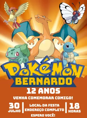 Convite Aniversário Pokémon com Personagens para Editar Online