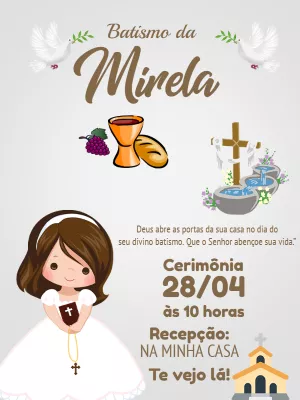 Convite de Batismo Menina com Ilustração Delicada para Editar
