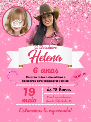 Convite Aniversário Boiadeira com Foto para Editar Online
