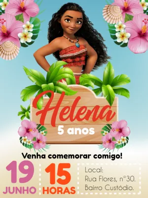 Convite de Aniversário Moana para Editar Online e Imprimir