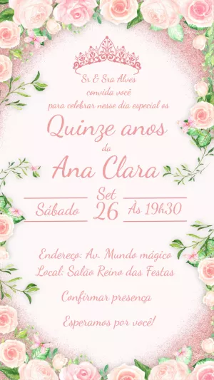 Convite 15 Anos Floral Rosé com Coroa para Editar Online
