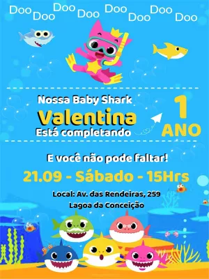 Convite Aniversário Baby Shark com Personagens para Editar Online