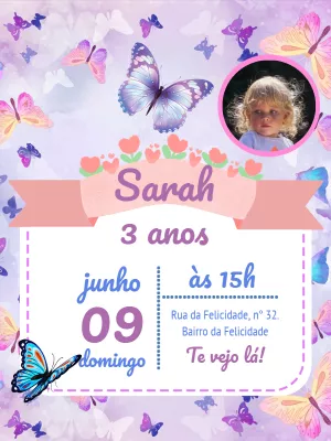Convite Aniversário Borboletas com Foto para Editar Online