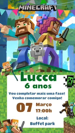 Convite de Aniversário Minecraft com Personagens para Editar