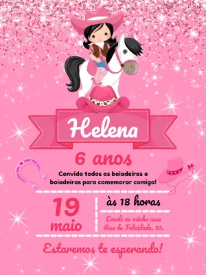Convite Aniversário Boiadeira Rosa com Glitter para Editar Online