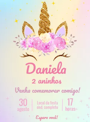 Convite de Aniversário Unicórnio com Glitter para Editar