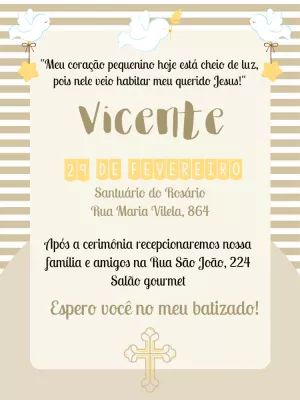 Convite de Batizado Clássico com Pombas para Editar Online