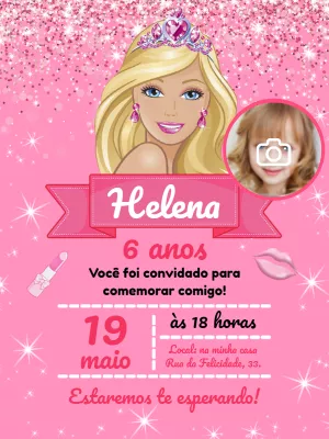Convite Aniversário Barbie Glitter com Foto para Editar Online