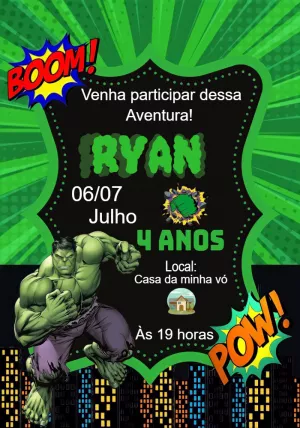 Convite de Aniversário do Hulk Editável Online para Imprimir