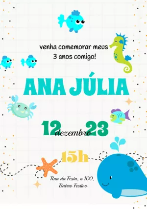Convite Aniversário Fundo do Mar com Animais para Editar Online