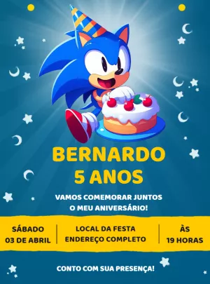Convite de Aniversário Sonic Editável Online para Imprimir