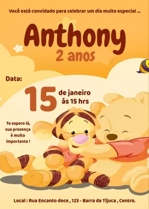 Convite Aniversário Ursinho Pooh e Tigrão para Editar Online