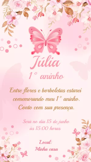Convite de Aniversário Borboletas e Flores para Editar Online