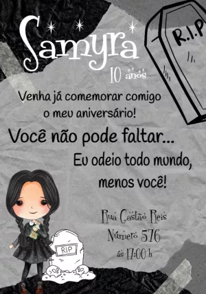Convite Aniversário Wandinha Addams Gótico para Editar Online
