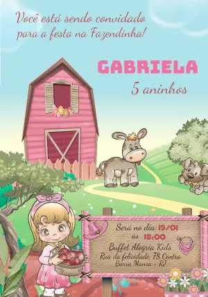Convite Aniversário Fazendinha Rosa Editável Online