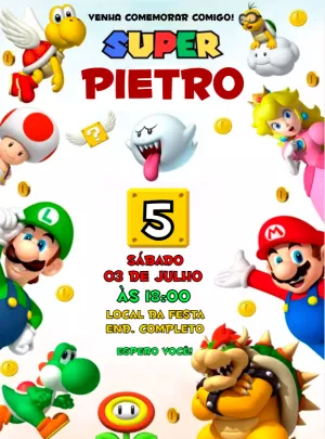 Convite Aniversário Super Mario com Personagens para Editar