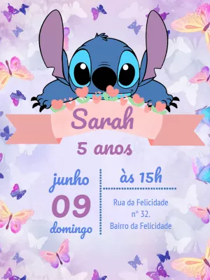 Convite de Aniversário Stitch e Borboletas para Editar Online