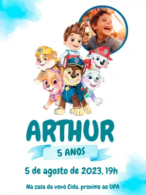 Convite Aniversário Patrulha Canina com Foto para Editar Online