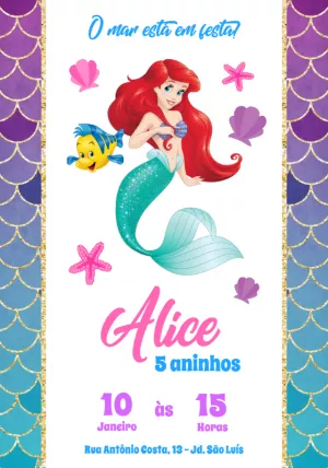 Convite Aniversário Pequena Sereia Ariel para Editar Online