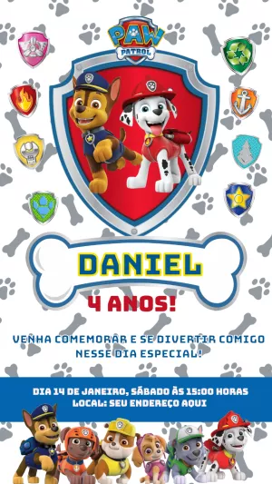 Convite Aniversário Patrulha Canina com a Turma para Editar Online