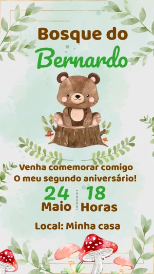 Convite Aniversário Bosque com Ursinho Fofo para Editar Online