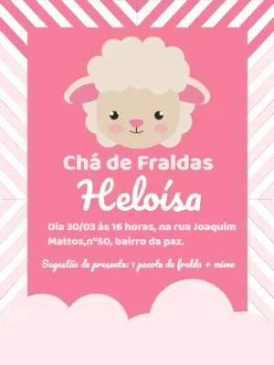 Convite Chá de Fraldas Ovelhinha Rosa para Editar Online