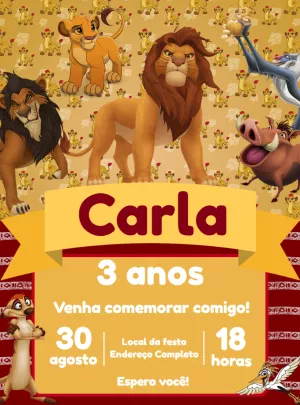 Convite de Aniversário Rei Leão com Personagens para Editar Online