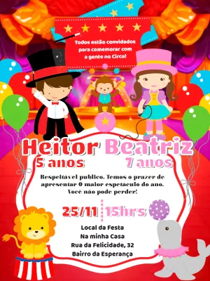 Convite Aniversário Duplo Circo Menino e Menina para Editar