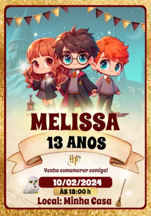 Convite Aniversário Harry Potter Chibi para Editar Online