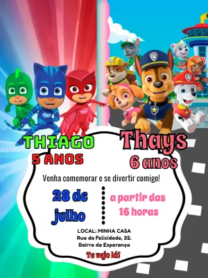 Convite Aniversário Duplo PJ Masks e Patrulha Canina para Editar