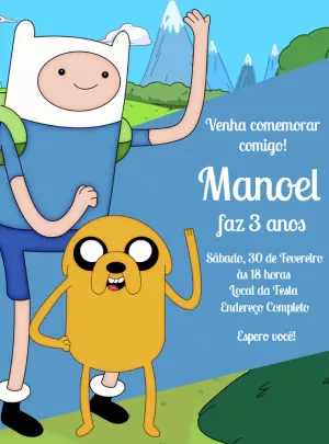 Convite Aniversário Hora de Aventura Editável com Personagens